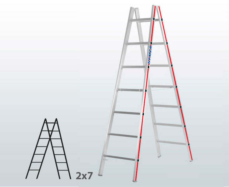[045819] Escalera manual de tijera con acceso doble para uso profesional con 2x7 peldaños - Aluminio 