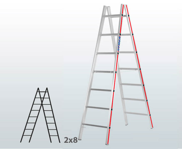[045820] Escalera manual de tijera con acceso doble para uso profesional con 2x8 peldaños - Aluminio 