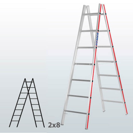[045820] Escalera manual de tijera con acceso doble para uso profesional con 2x8 peldaños - Aluminio 
