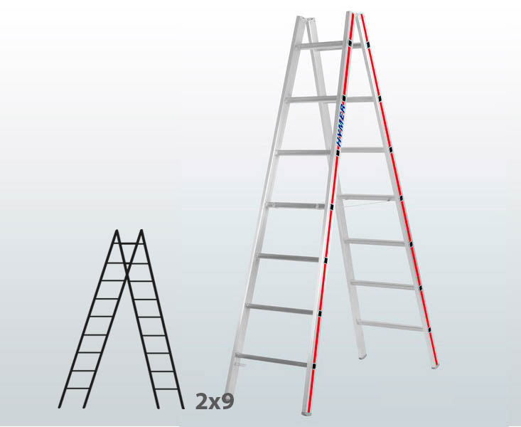 [045821] Escalera manual de tijera con acceso doble para uso profesional con 2x9 peldaños - Aluminio 
