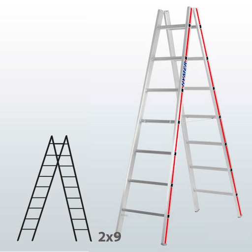 [045821] Escalera manual de tijera con acceso doble para uso profesional con 2x9 peldaños - Aluminio 