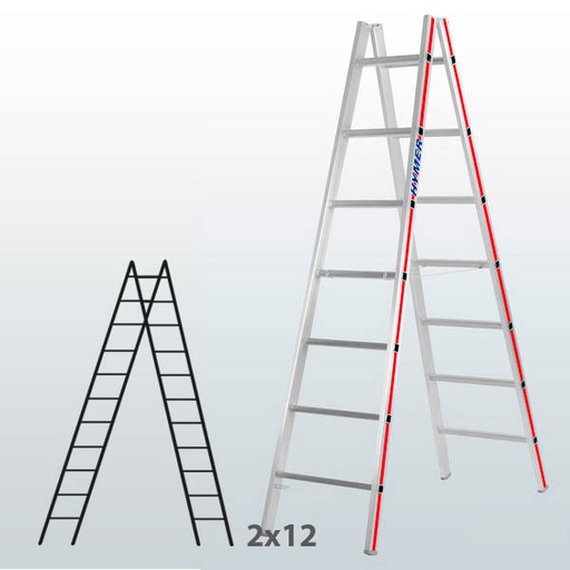 [045823] Escalera manual de tijera con acceso doble para uso profesional con 2x12 peldaños - Aluminio 
