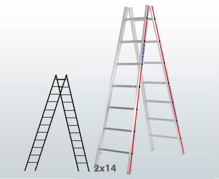[045824] Escalera manual de tijera con acceso doble para uso profesional con 2x14 peldaños - Aluminio 