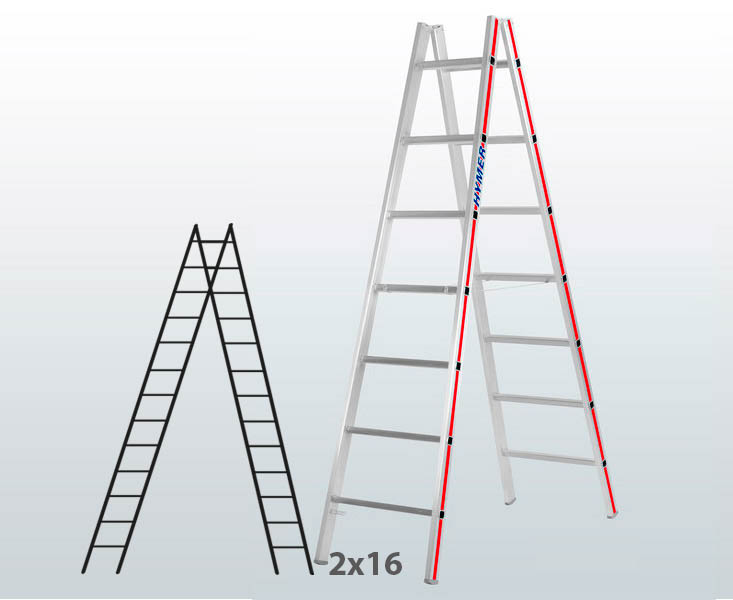 [045825] Escalera manual de tijera con acceso doble para uso profesional con 2x16 peldaños - Aluminio