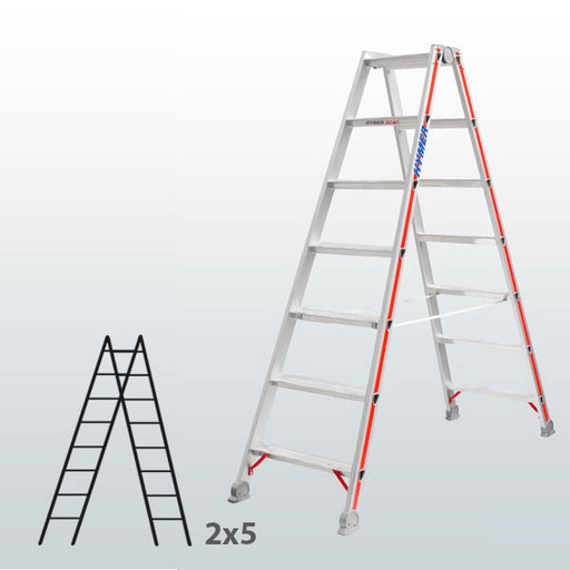 [045828] Escalera manual de tijera con acceso por 2 lados para uso industrial con 2x5 escalones - Aluminio 