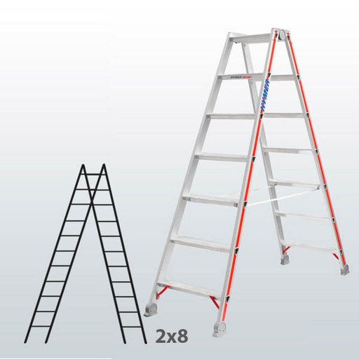 [045831] Escalera manual de tijera con acceso por 2 lados para uso industrial con 2x8 escalones - Aluminio 