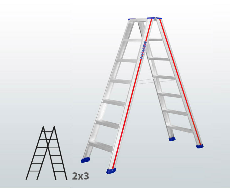 [045833] Escalera manual de tijera con acceso por 2 lados para uso profesional con 2x3 escalones - Aluminio 