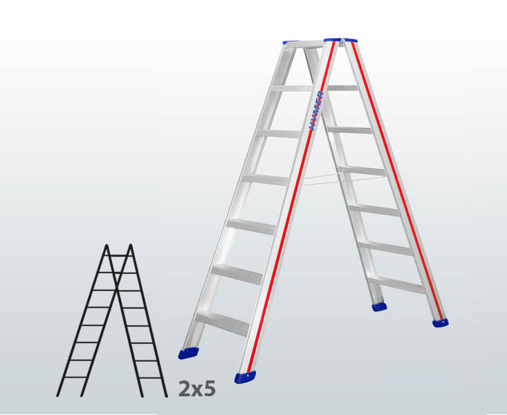 [045835] Escalera manual de tijera con acceso por 2 lados para uso profesional con 2x5 escalones - Aluminio 