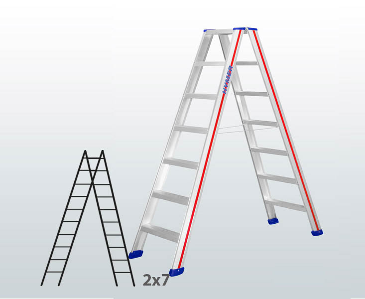 [045837] Escalera manual de tijera con acceso por 2 lados para uso profesional con 2x7 escalones - Aluminio 