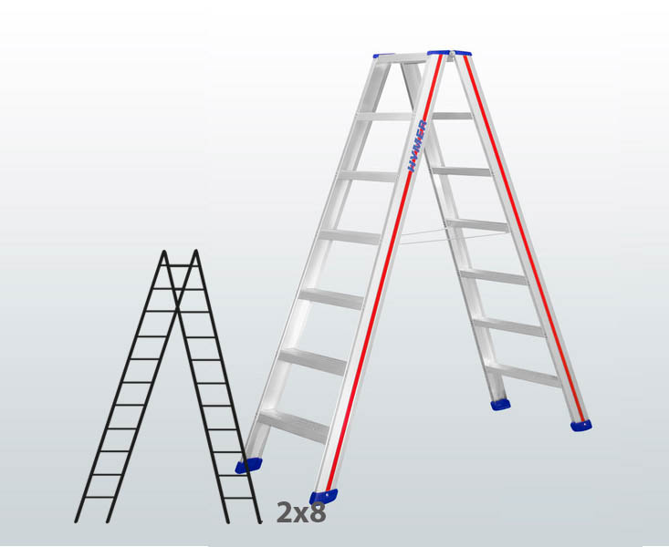 [045838] Escalera manual de tijera con acceso por 2 lados para uso profesional con 2x8 escalones - Aluminio 