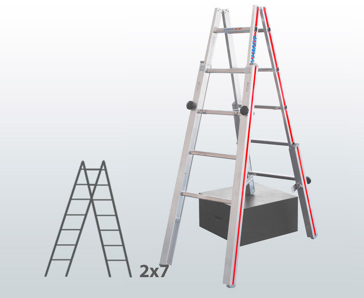 [045846] Escalera de mano con patas telescópicas y 14 peldaños para desniveles - Dim.: 565 x 60 x 2050h mm - Aluminio