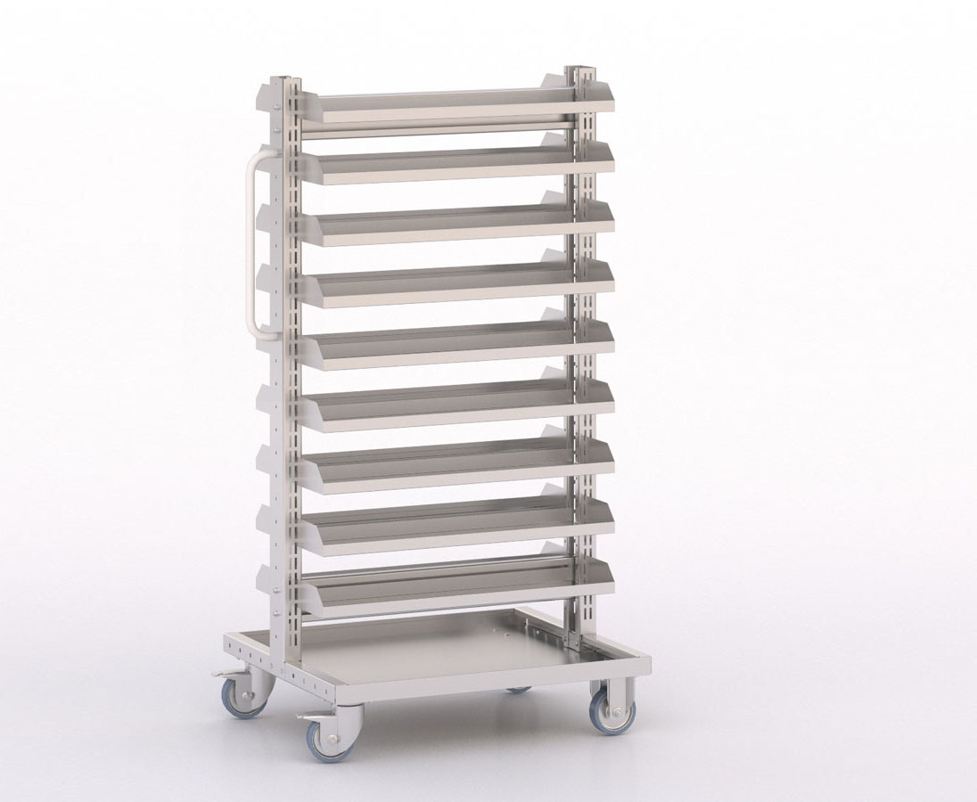 [045901] Carro modular con 18 bandejas metálicas (sin cajas) - Dim.: 730x613x1365h mm - Cincado y Gris ral 7035