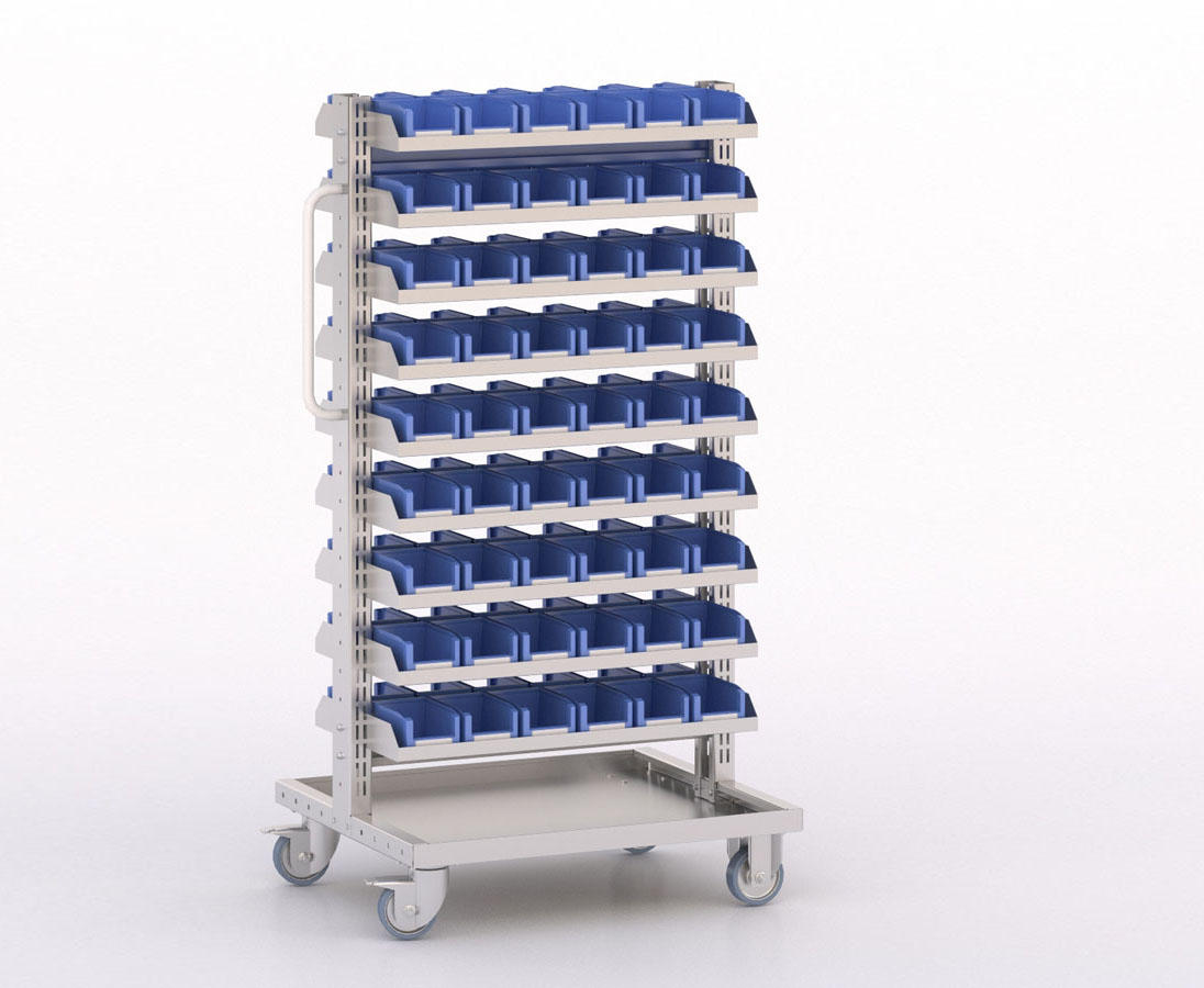 [045902] Carro modular con 18 bandejas y 108 cajas Openbox azules - Dim.: 730x613x1365h mm - Cincado y Gris ral 7035