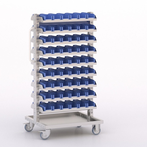 [045902] Carro modular con 18 bandejas y 108 cajas Openbox azules - Dim.: 730x613x1365h mm - Cincado y Gris ral 7035