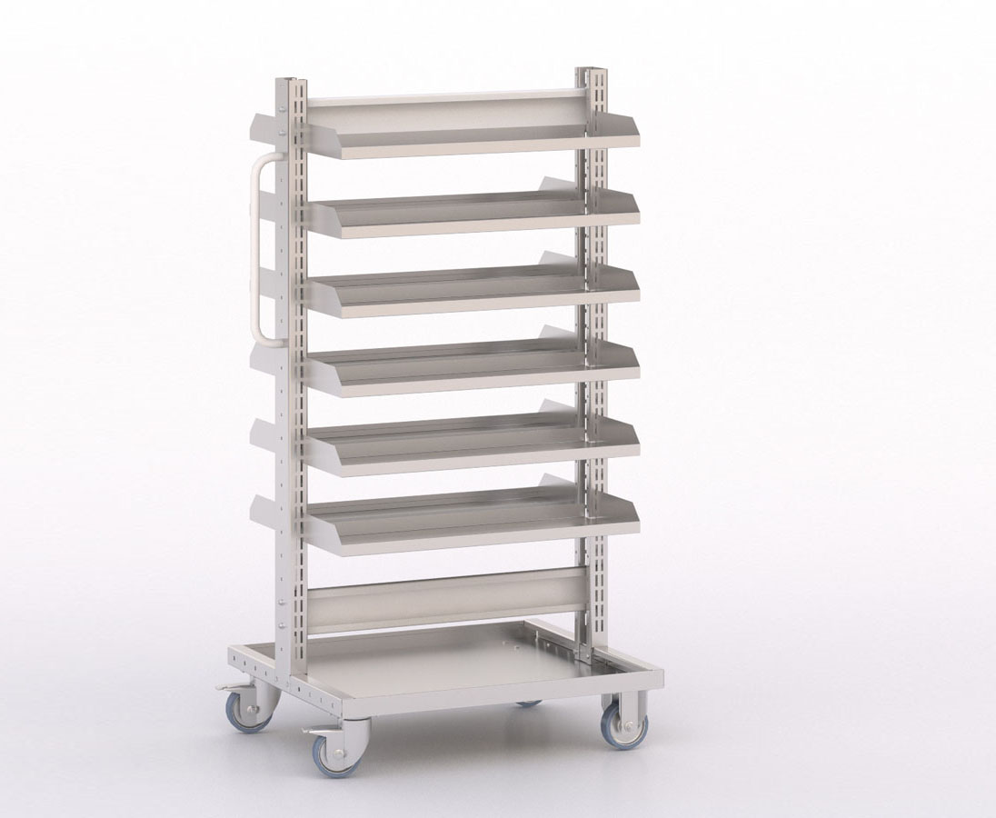 [045903] Carro modular con 12 bandejas metálicas (sin cajas) - Dim.: 730x613x1365h mm - Cincado y Gris ral 7035