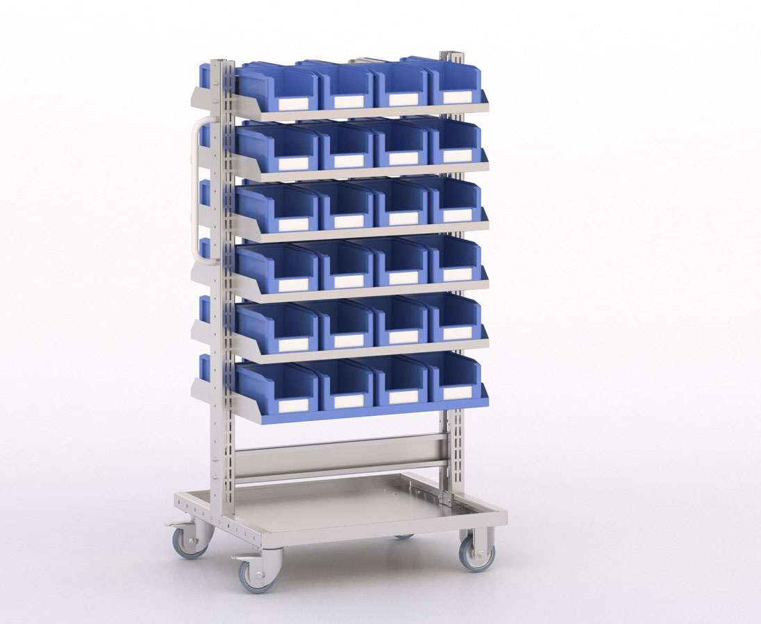 [045904] Carro modular con 12 bandejas y 48 cajas Openbox azules - Dim.: 730x613x1365h mm - Cincado y Gris ral 7035