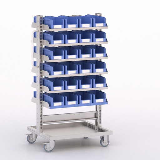 [045904] Carro modular con 12 bandejas y 48 cajas Openbox azules - Dim.: 730x613x1365h mm - Cincado y Gris ral 7035