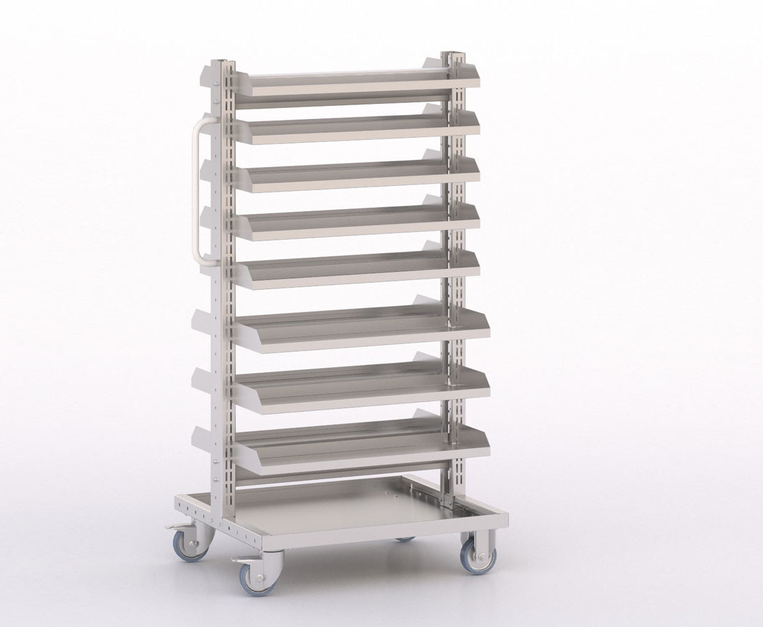 [045905] Carro modular con 16 bandejas metálicas (sin cajas) - Dim.: 730x613x1365h mm - Cincado y Gris ral 7035