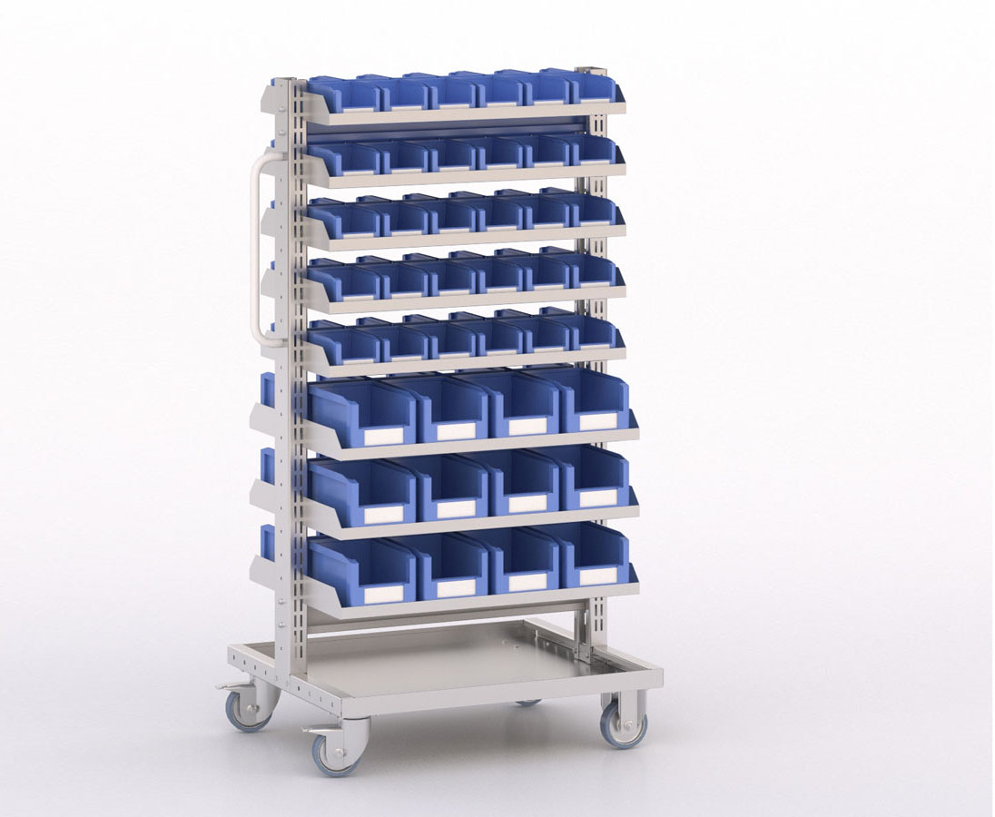 [045906] Carro modular con 16 bandejas y 84 cajas Openbox azules - Dim.: 730x613x1365h mm - Cincado y Gris ral 7035