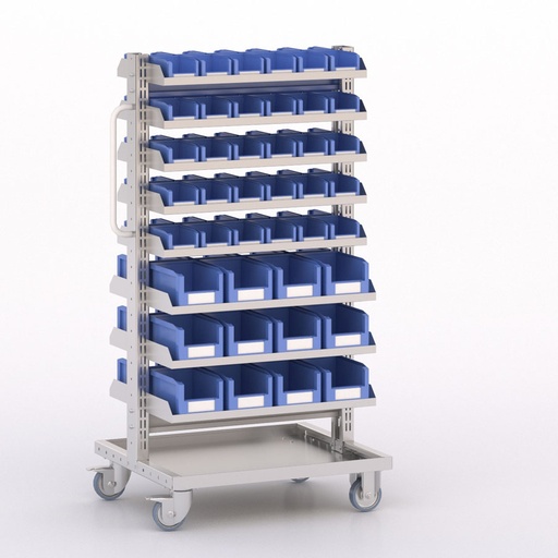 [045906] Carro modular con 16 bandejas y 84 cajas Openbox azules - Dim.: 730x613x1365h mm - Cincado y Gris ral 7035