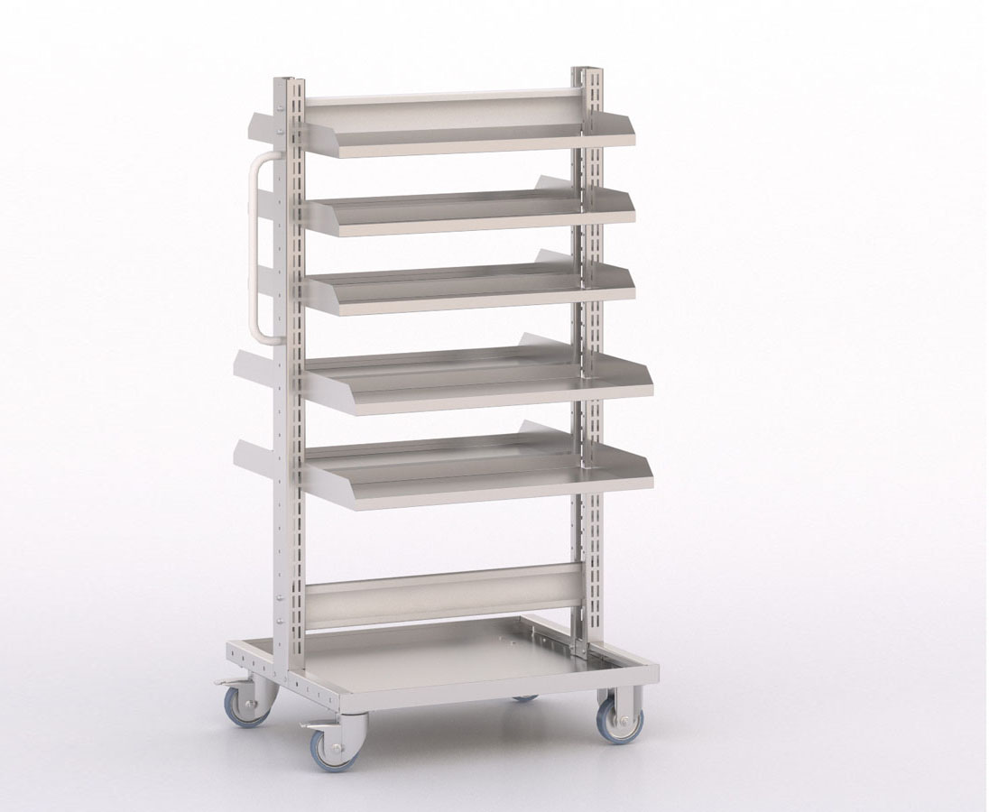 [045907] Carro modular con 10 bandejas metálicas (sin cajas) - Dim.: 730x613x1365h mm - Cincado y Gris ral 7035