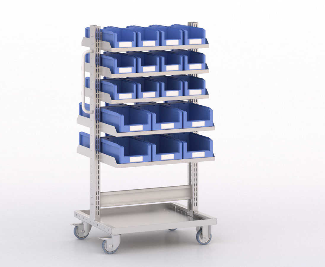 [045908] Carro modular con 10 bandejas y 36 cajas Openbox azules - Dim.: 730x613x1365h mm - Cincado y Gris ral 7035