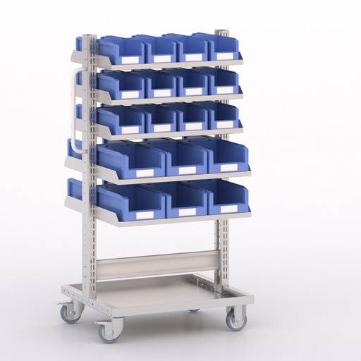 [045908] Carro modular con 10 bandejas y 36 cajas Openbox azules - Dim.: 730x613x1365h mm - Cincado y Gris ral 7035