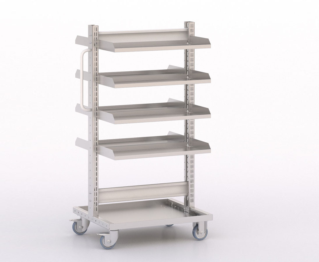 [045909] Carro modular con 8 bandejas metálicas (sin cajas) - Dim.: 730x613x1365h mm - Cincado y Gris ral 7035