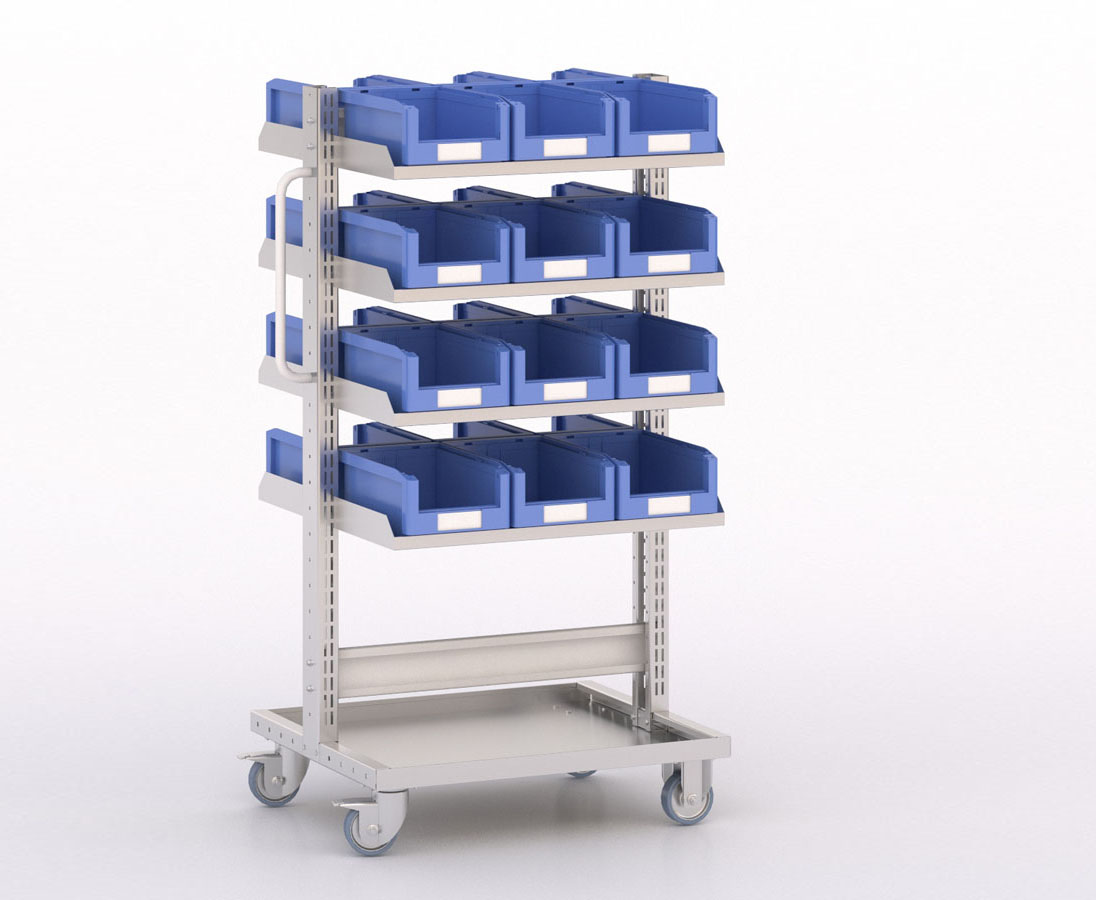 [045910] Carro modular con 8 bandejas y 24 cajas Openbox azules - Dim.: 730x613x1365h mm - Cincado y Gris ral 7035