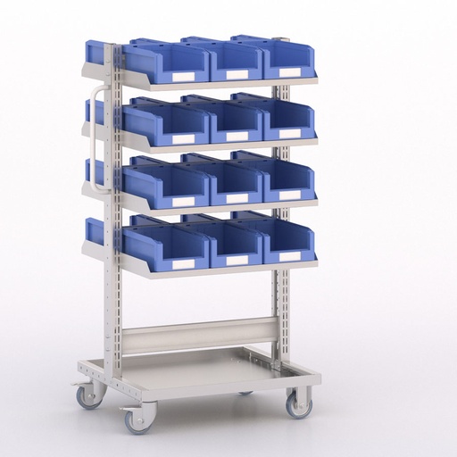 [045910] Carro modular con 8 bandejas y 24 cajas Openbox azules - Dim.: 730x613x1365h mm - Cincado y Gris ral 7035