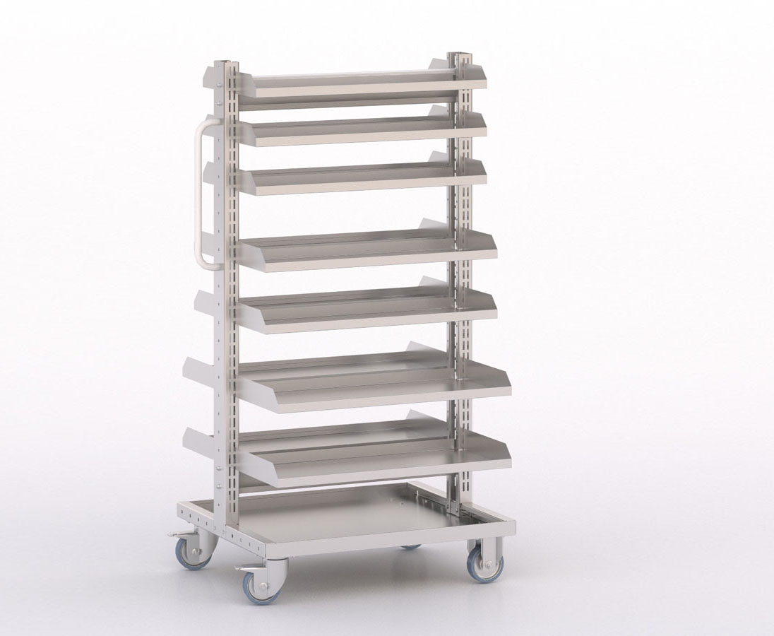 [045911] Carro modular con 14 bandejas metálicas (sin cajas) - Dim.: 730x613x1365h mm - Cincado y Gris ral 7035