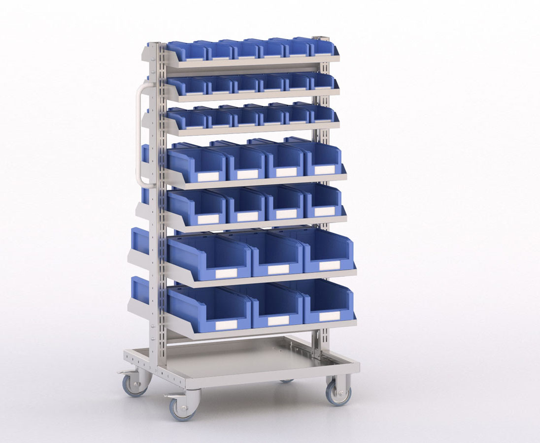 [045912] Carro modular con 14 bandejas y 64 cajas Openbox azules - Dim.: 730x613x1365h mm - Cincado y Gris ral 7035