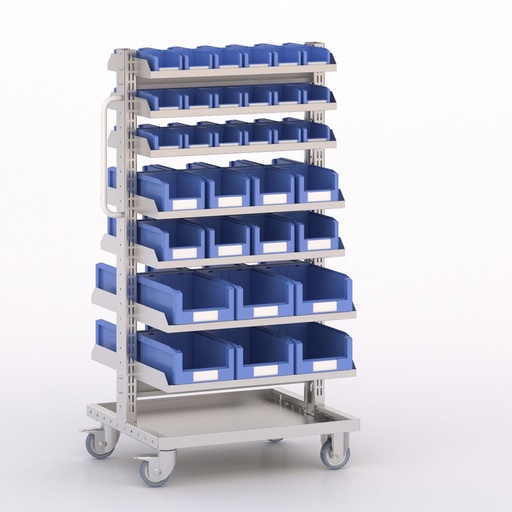 [045912] Carro modular con 14 bandejas y 64 cajas Openbox azules - Dim.: 730x613x1365h mm - Cincado y Gris ral 7035