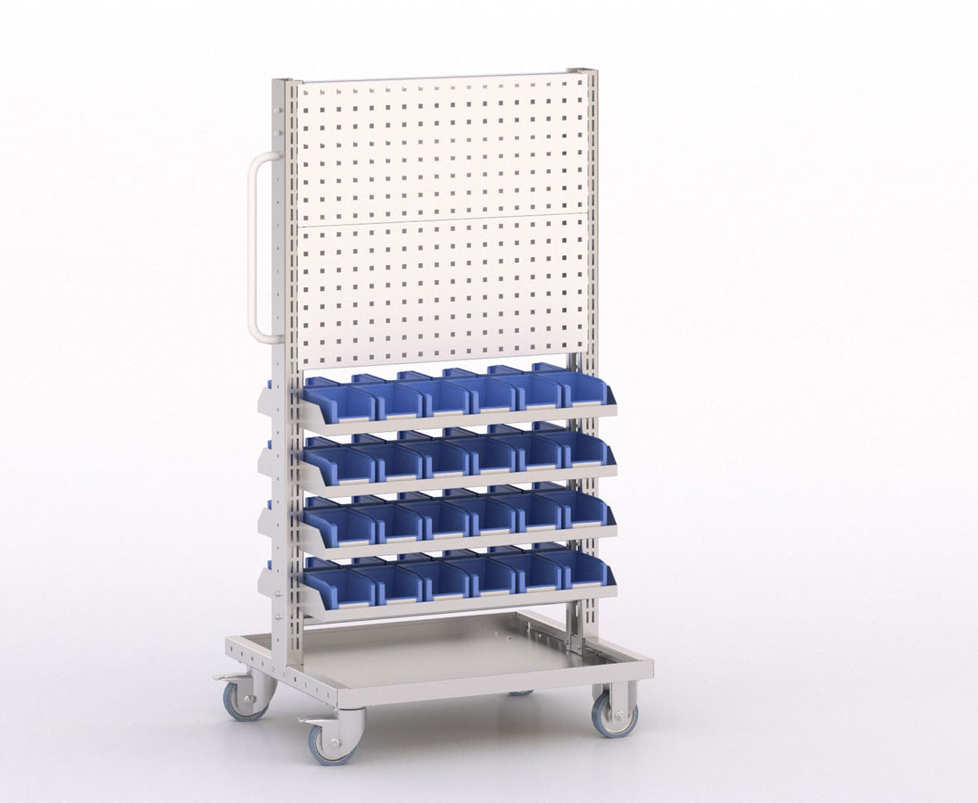 [045927] Carro modular con 8 bandejas, 48 cajas y paneles perforados - Dim.: 730x613x1365h mm - Cincado y Gris ral 7035