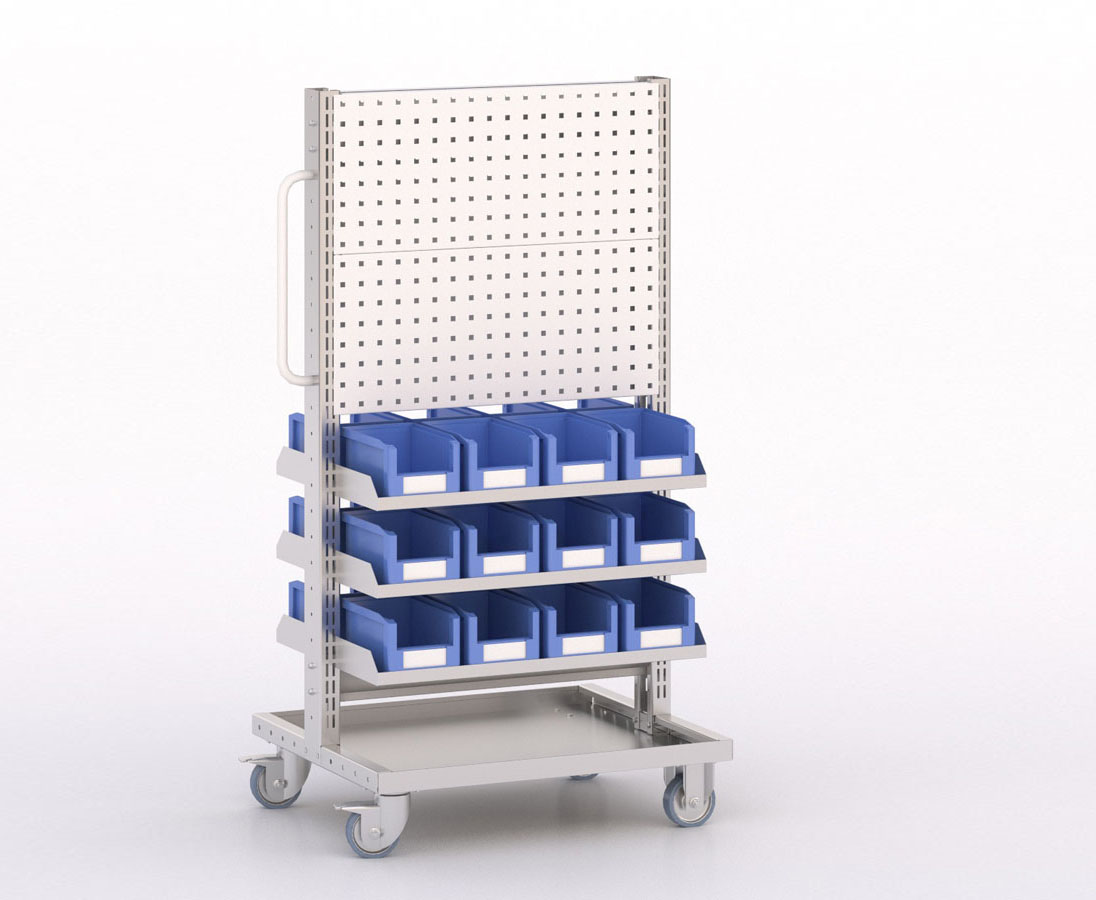 [045929] Carro modular con 6 bandejas, 24 cajas y paneles perforados - Dim.: 730x613x1365h mm - Cincado y Gris ral 7035