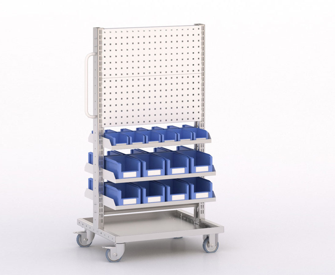 [045931] Carro modular con 6 bandejas, 28 cajas y paneles perforados - Dim.: 730x613x1365h mm - Cincado y Gris ral 7035