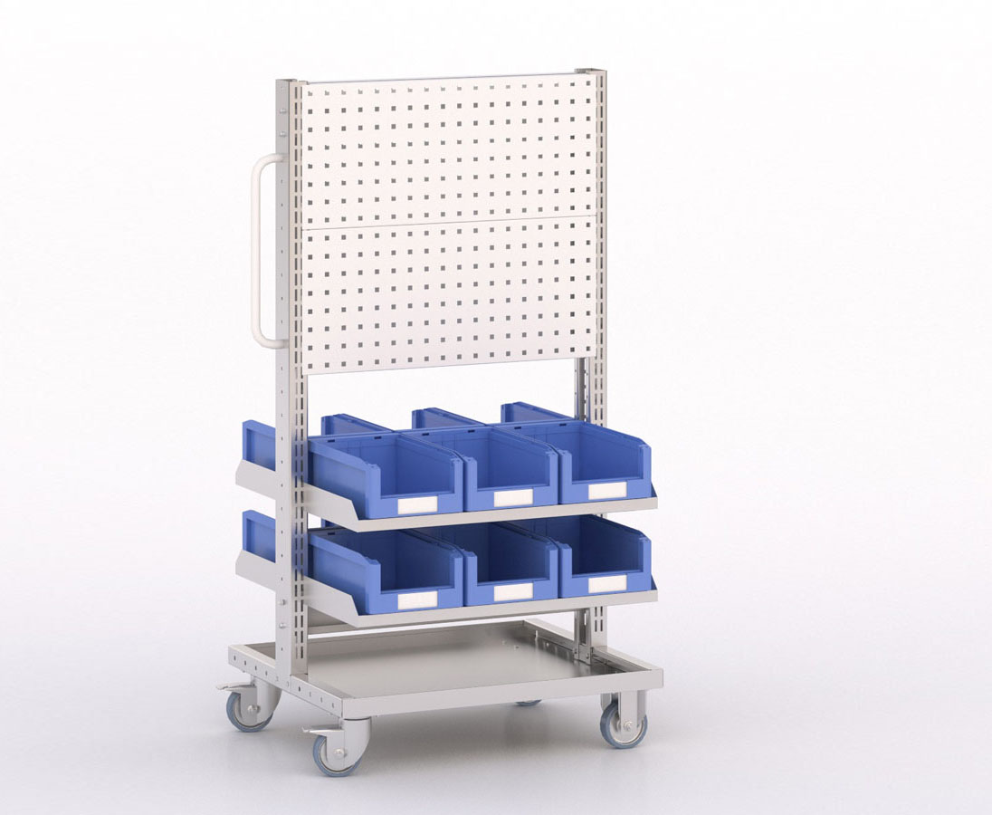 [045933] Carro modular con 4 bandejas, 12 cajas y paneles perforados - Dim.: 730x613x1365h mm - Cincado y Gris ral 7035