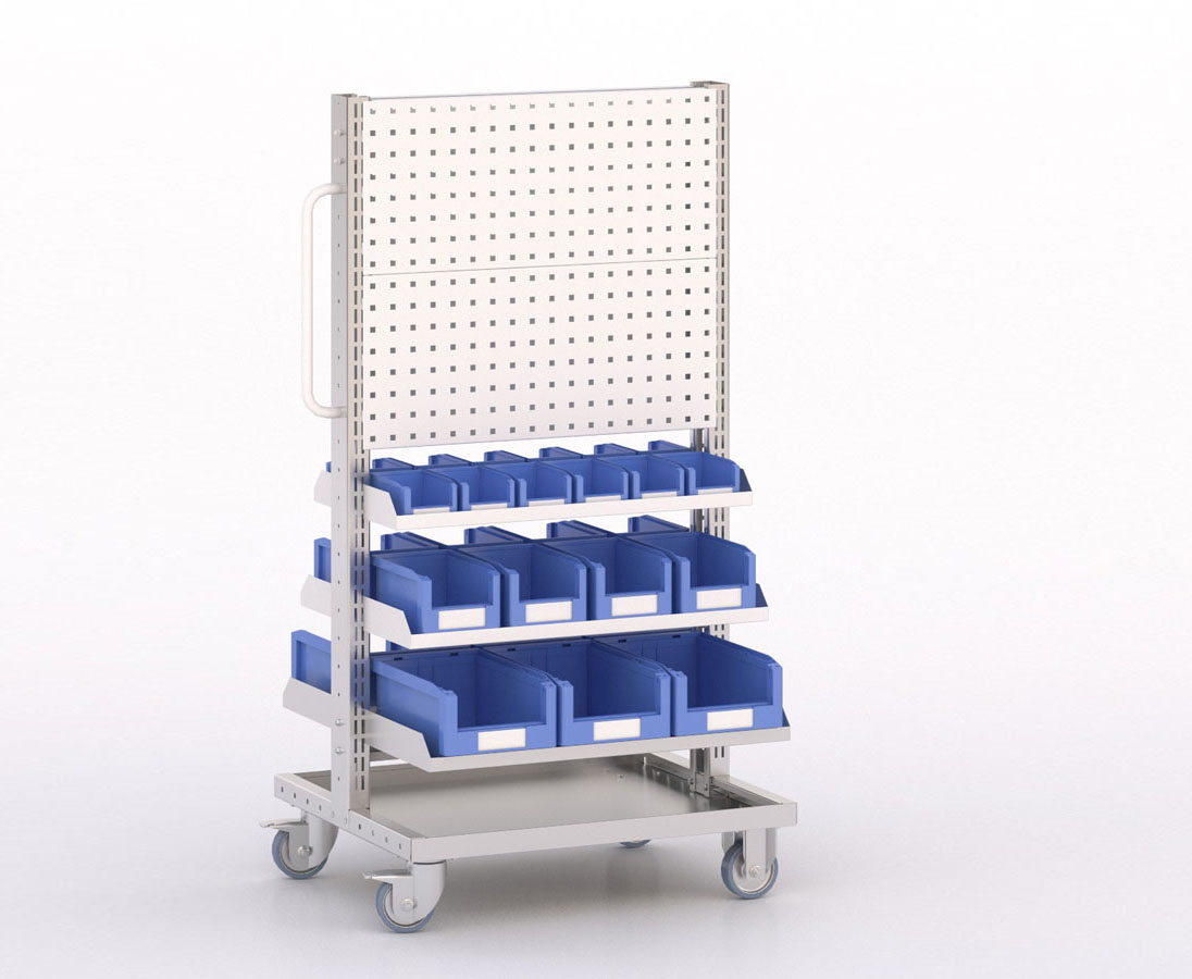 [045935] Carro modular con 6 bandejas, 26 cajas y paneles perforados - Dim.: 730x613x1365h mm - Cincado y Gris ral 7035