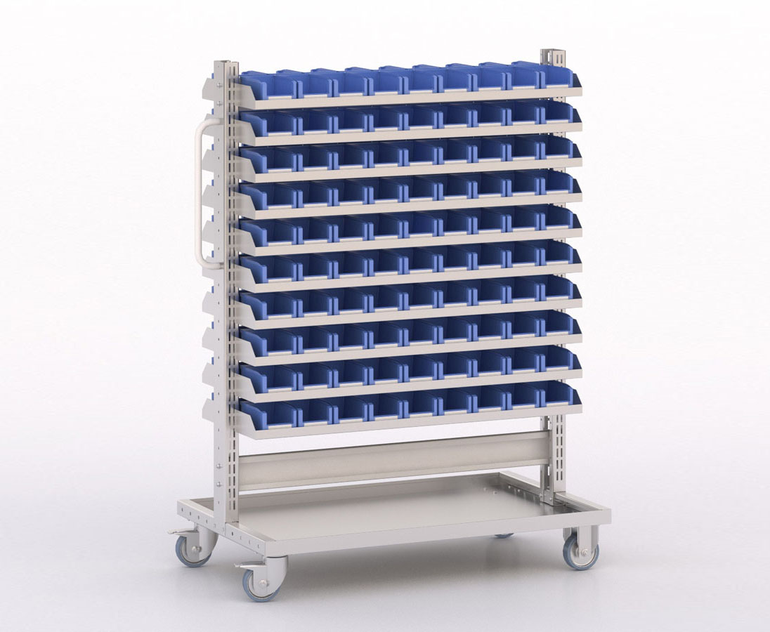 [045982] Carro modular con 20 bandejas y 180 cajas Openbox azules - Dim.: 1035x613x1365h mm - Cincado y Gris ral 7035