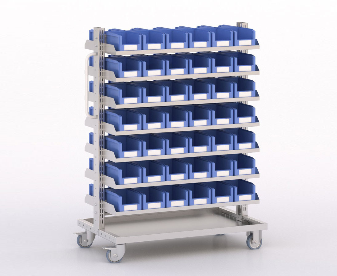 [045983] Carro modular con 14 bandejas y 84 cajas Openbox azules - Dim.: 1035x613x1365h mm - Cincado y Gris ral 7035