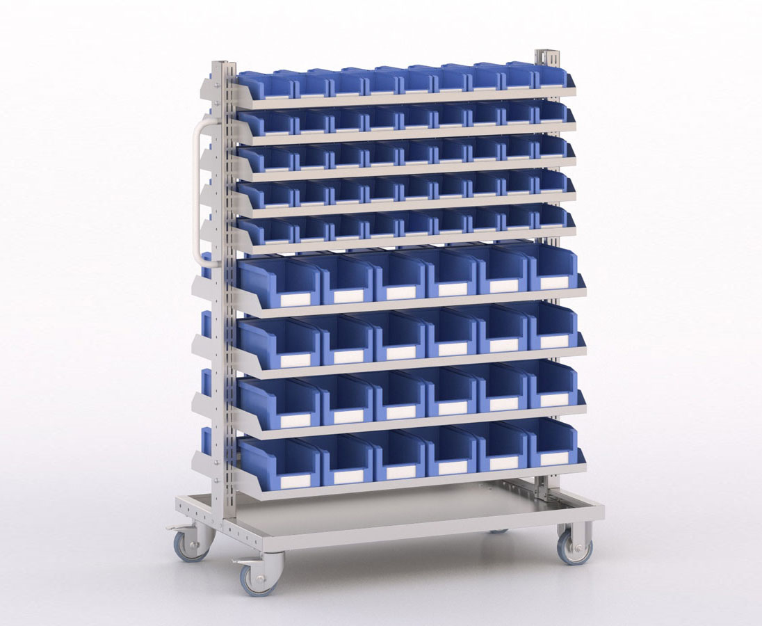 [045986] Carro modular con 18 bandejas y 138 cajas Openbox azules - Dim.: 1035x613x1365h mm - Cincado y Gris ral 7035