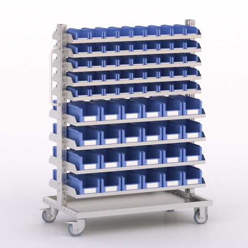 [045986] Carro modular con 18 bandejas y 138 cajas Openbox azules - Dim.: 1035x613x1365h mm - Cincado y Gris ral 7035