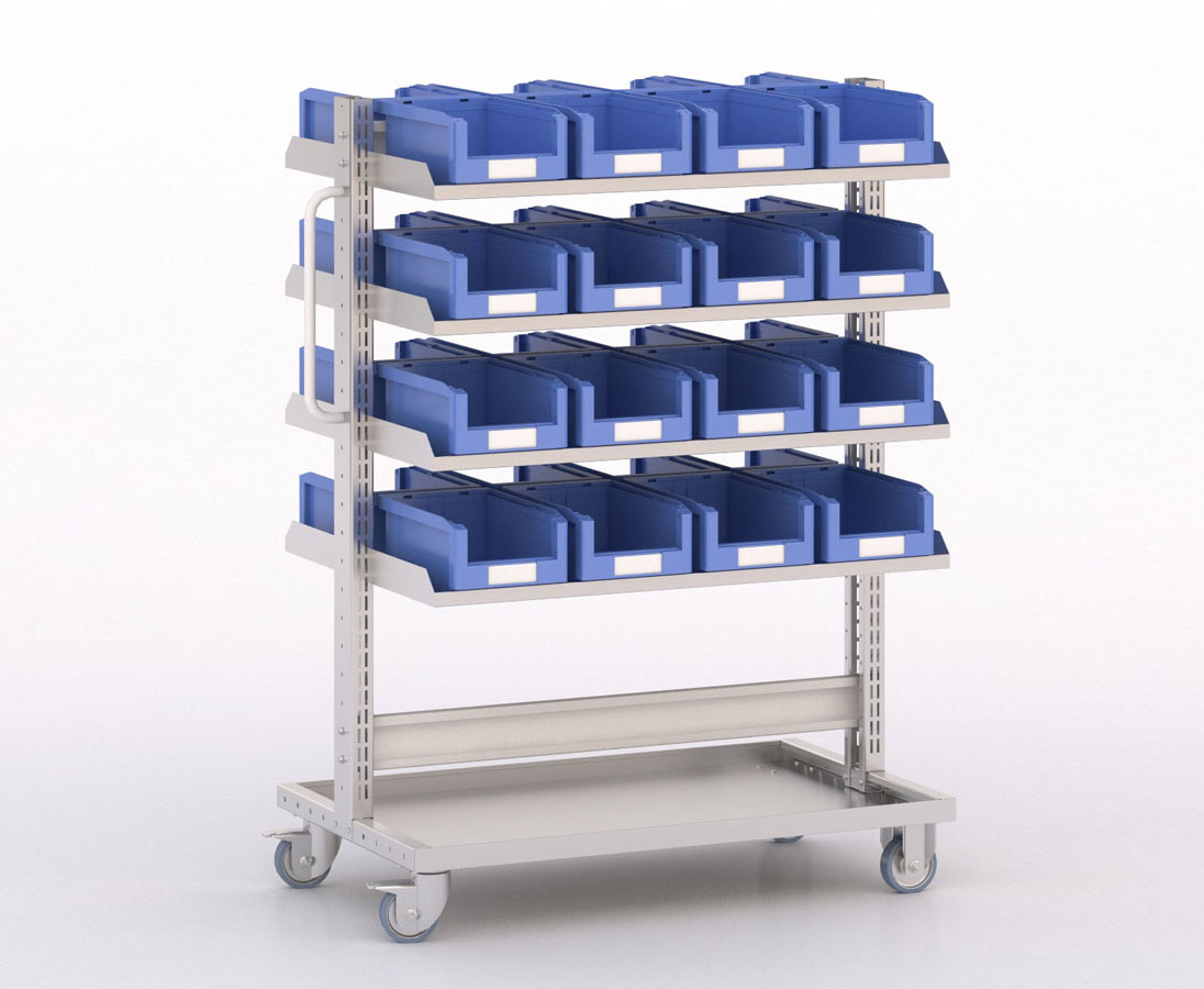 [045988] Carro modular con 8 bandejas y 32 cajas Openbox azules - Dim.: 1035x613x1365h mm - Cincado y Gris ral 7035