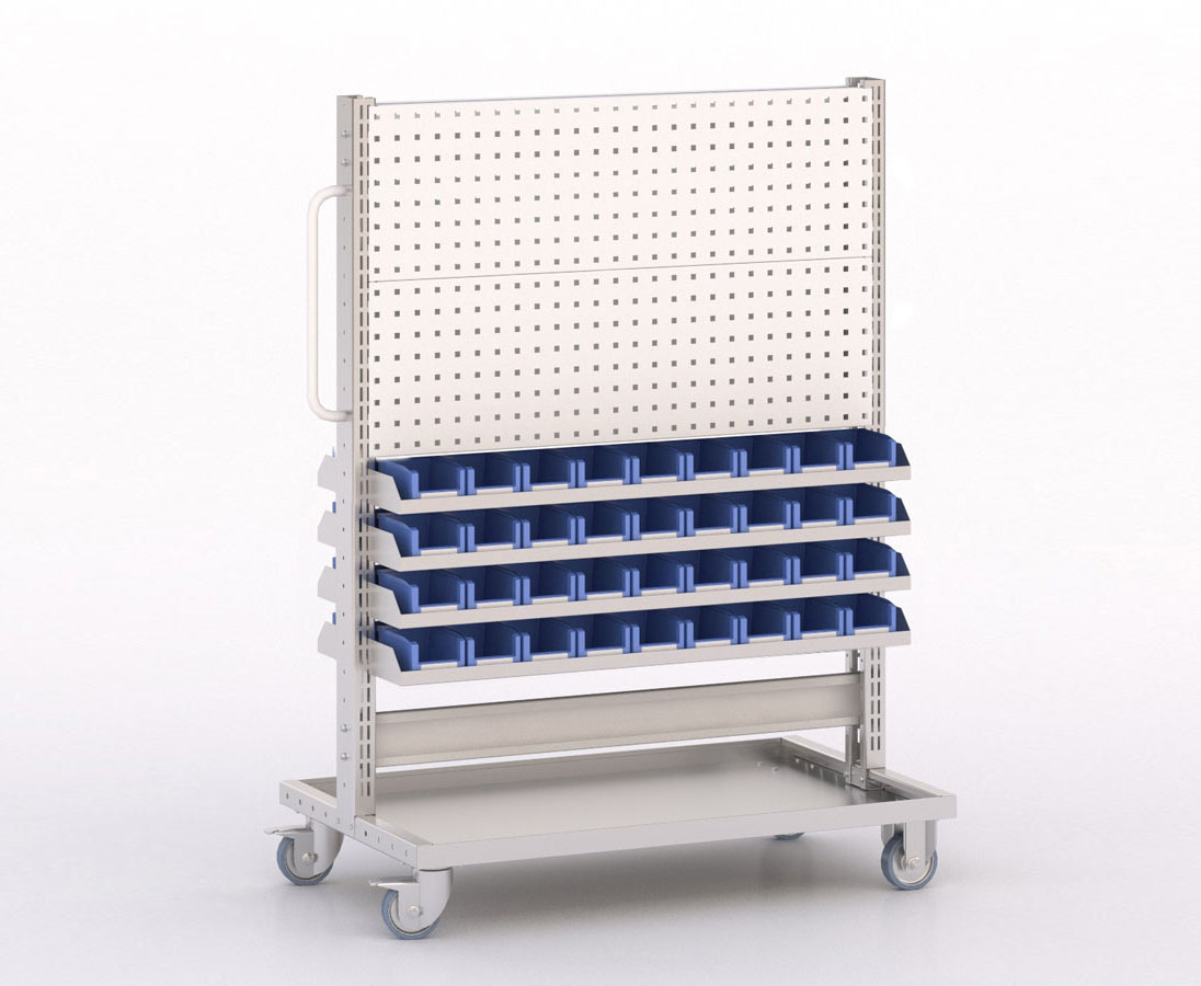 [046019] Carro modular con 8 bandejas, 72 cajas y paneles perforados - Dim.: 1035x613x1365h mm - Cincado y Gris ral 7035