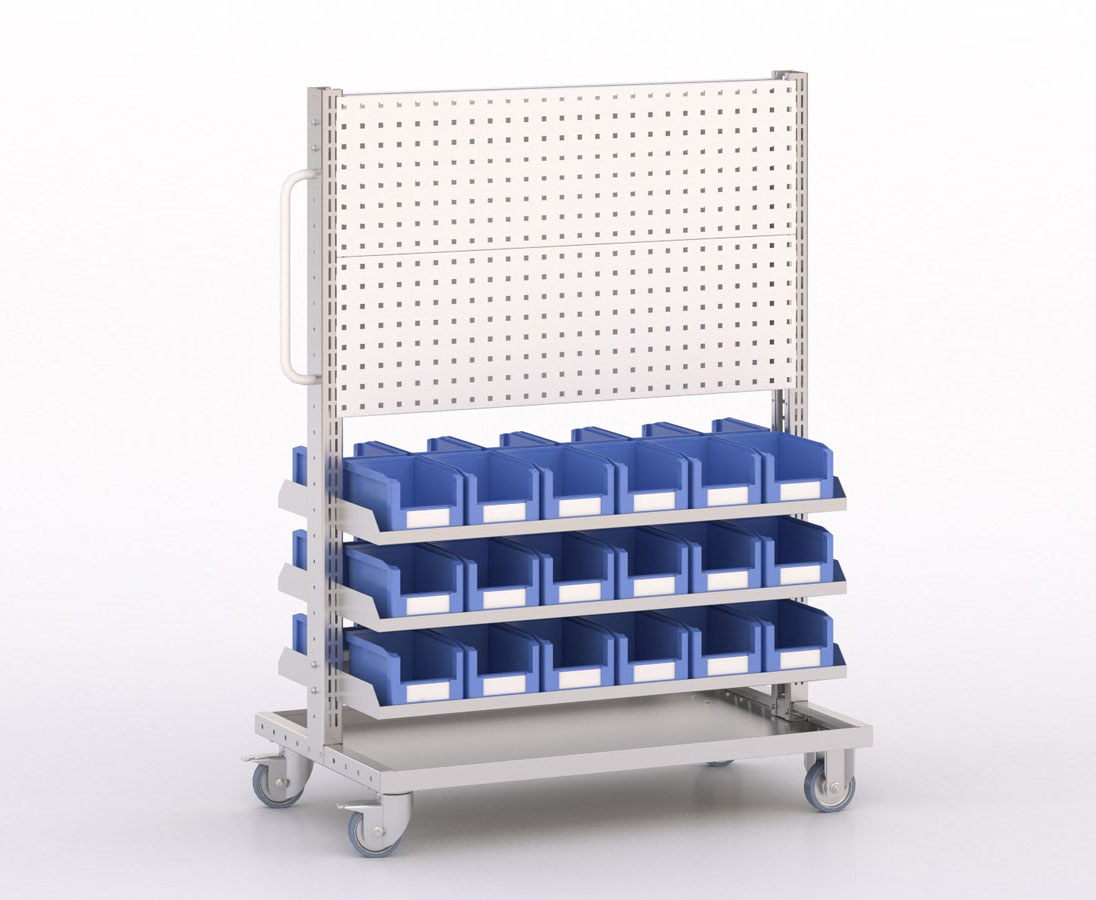 [046021] Carro modular con 6 bandejas, 36 cajas y paneles perforados - Dim.: 1035x613x1365h mm - Cincado y Gris ral 7035