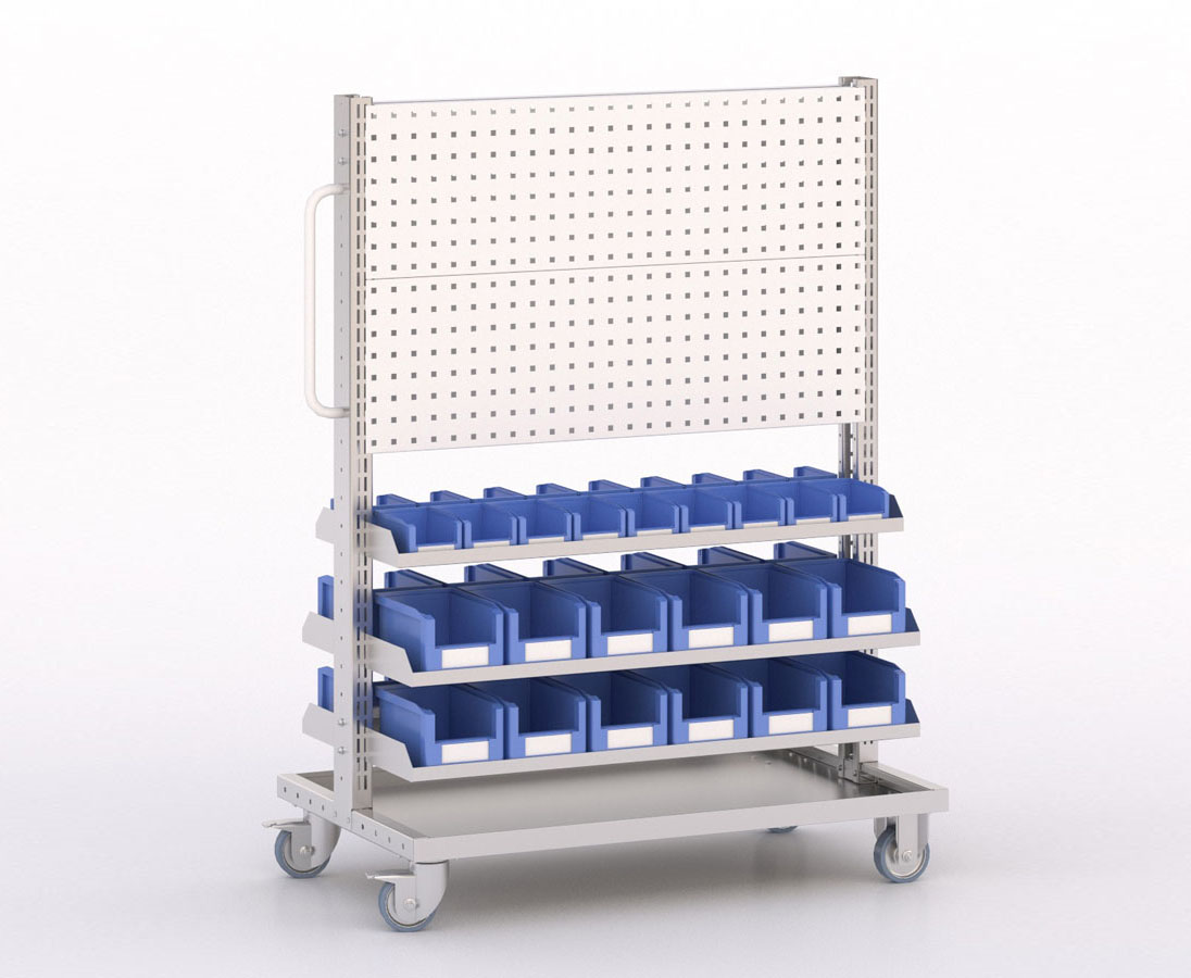 [046023] Carro modular con 6 bandejas, 42 cajas y paneles perforados - Dim.: 1035x613x1365h mm - Cincado y Gris ral 7035