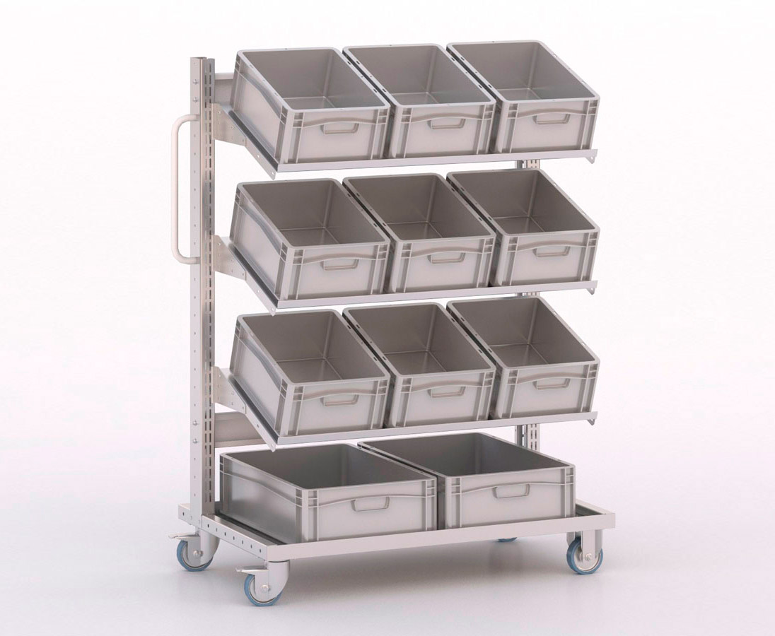 [046028] Carro modular con 3 bandejas y 11 cajas Eurobox grises - Dim.: 1023x613x1365h mm - Cincado y Gris ral 7035