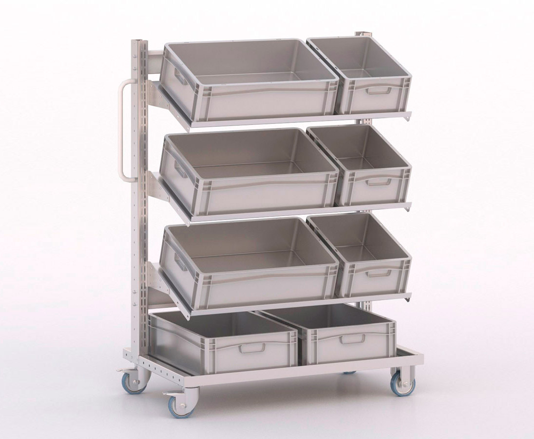 [046029] Carro modular con 3 bandejas y 8 cajas Eurobox grises - Dim.: 1023x613x1365h mm - Cincado y Gris ral 7035