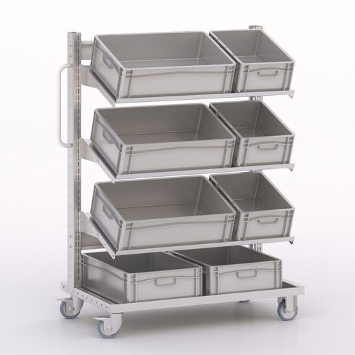 [046029] Carro modular con 3 bandejas y 8 cajas Eurobox grises - Dim.: 1023x613x1365h mm - Cincado y Gris ral 7035
