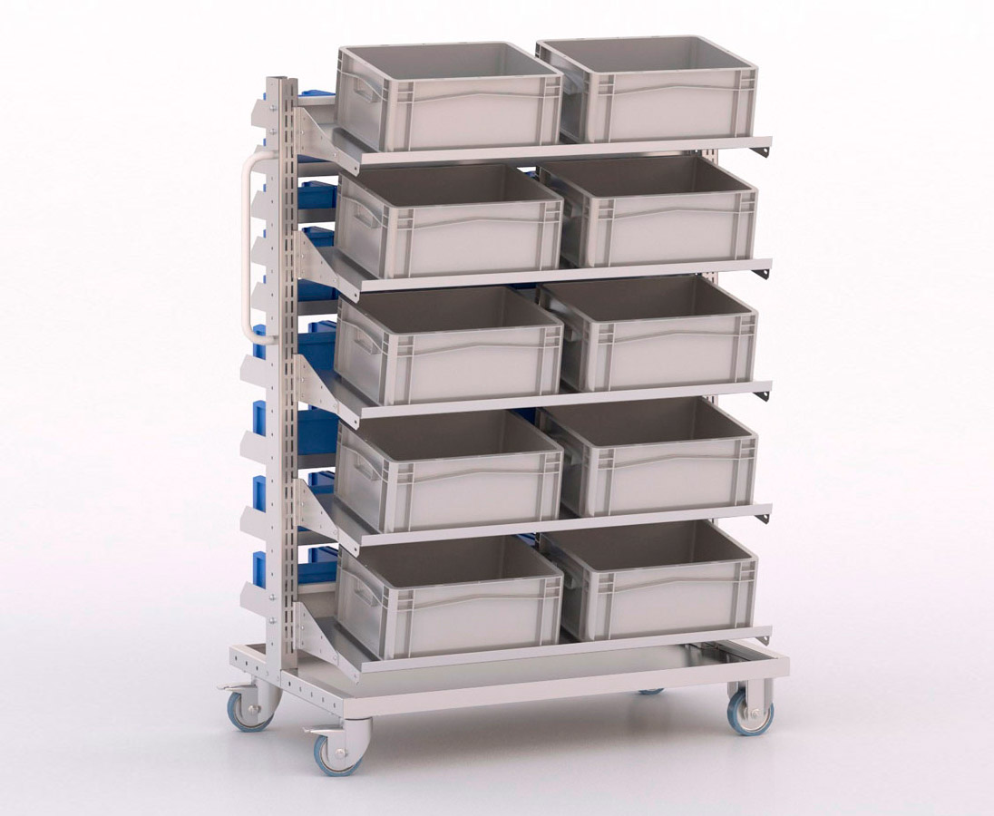 [046031] Carro modular con 14 bandejas, 10 cajas Eurobox y 69 cajas Openbox - Dim.: 1023x613x1365h mm - Cincado y Gris ral 7035
